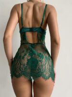 Женский Кружевной Прозрачный Короткий Зеленый Пеньюар + Трусики