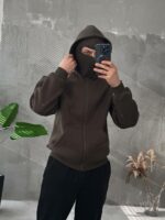 Мужское Утепленное Зип Худи Хаки Оверсайз на Флисе с Балаклавой