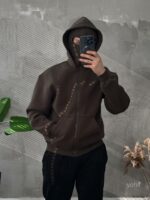 Мужское Утепленное Зип Худи Хаки Оверсайз на Флисе с Балаклавой