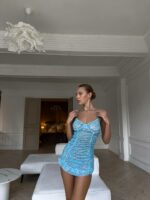 Женский Полупрозрачный Короткий Голубой Пеньюар в Принт с Сердечками + Трусики