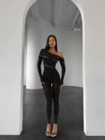 Женский Черный Бодистокинг в Стразах - Облегающий с Открытым Плечом и Вырезами