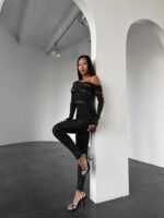 Женский Черный Бодистокинг в Стразах - Облегающий с Открытым Плечом и Вырезами