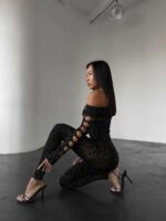 Женский Черный Бодистокинг в Стразах - Облегающий с Открытым Плечом и Вырезами