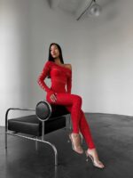 Женский Красный Бодистокинг в Стразах - Облегающий с Открытым Плечом и Вырезами