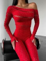 Женский Красный Бодистокинг в Стразах - Облегающий с Открытым Плечом и Вырезами