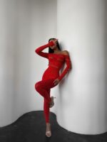 Женский Красный Бодистокинг в Стразах - Облегающий с Открытым Плечом и Вырезами