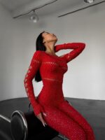 Женский Красный Бодистокинг в Стразах - Облегающий с Открытым Плечом и Вырезами