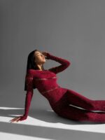 Женский Бордовый Бодистокинг в Стразах - Облегающий с Открытым Плечом и Вырезами