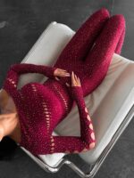 Женский Бордовый Бодистокинг в Стразах - Облегающий с Открытым Плечом и Вырезами