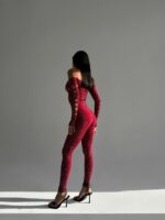 Женский Бордовый Бодистокинг в Стразах - Облегающий с Открытым Плечом и Вырезами