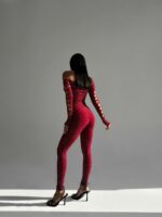 Женский Бордовый Бодистокинг в Стразах - Облегающий с Открытым Плечом и Вырезами