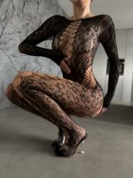 Женский Черный Бодистокинг - Сеточка с Леопардовым Узором