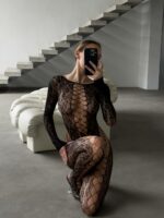 Женский Черный Бодистокинг - Сеточка с Леопардовым Узором