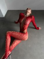 Женский Красный Бодистокинг - Сеточка с Леопардовым Узором
