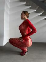 Женский Красный Бодистокинг - Сеточка с Леопардовым Узором