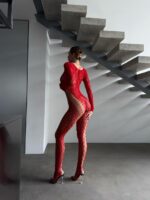Женский Красный Бодистокинг - Сеточка с Леопардовым Узором