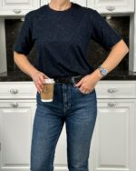 Женская Базовая Темно-Синяя Футболка Свободного Кроя с Легким Блеском