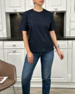 Женская Базовая Темно-Синяя Футболка Свободного Кроя с Легким Блеском