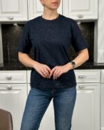 Женская Базовая Темно-Синяя Футболка Свободного Кроя с Легким Блеском