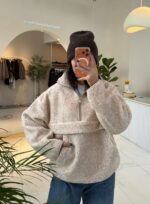 Женская Теплая Флисовая Бежевая Кофта Батник под Горло на Замке