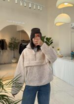 Женская Теплая Флисовая Бежевая Кофта Батник под Горло на Замке