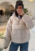 Женская Теплая Флисовая Бежевая Кофта Батник под Горло на Замке