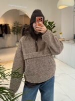 Женская Теплая Флисовая Коричневая Кофта Батник под Горло на Замке