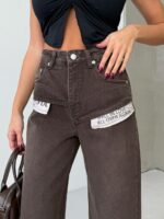 Женские Свободные Графитовые Джинсы Кльош с Нашивками на Карманах