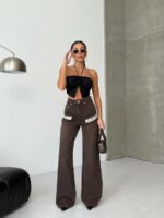 Женские Свободные Графитовые Джинсы Кльош с Нашивками на Карманах