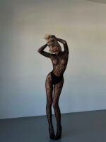 Женский Черный Леопардовый Бодистокинг в Сеточку с Вырезом на Спине