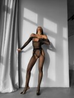 Женский Черный Комплект в Сеточку со Стразами - Боди + Колготки с Открытым Доступом