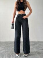 Женские Свободные Черные Джинсы Клеш со Стразами