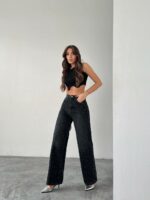 Женские Свободные Черные Джинсы Клеш со Стразами