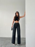 Женские Свободные Черные Джинсы Клеш со Стразами