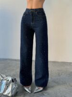 Женские Свободные Темно-Синие Джинсы Клеш со Стразами
