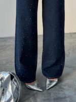 Женские Свободные Темно-Синие Джинсы Клеш со Стразами