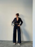 Женские Свободные Темно-Синие Джинсы Клеш со Стразами