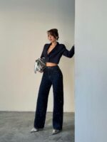 Женские Свободные Темно-Синие Джинсы Клеш со Стразами