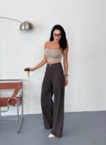 Женские Свободные Графитовые Джинсы Клеш со Стразами