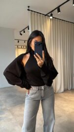 Женская Базовая Черная Кофта Болеро + Топ без Рукавов с Открытой Спиной