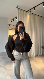 Женская Базовая Черная Кофта Болеро + Топ без Рукавов с Открытой Спиной