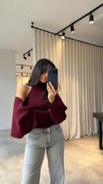 Женская Базовая Бордовая Кофта Болеро + Топ без Рукавов с Открытой Спиной