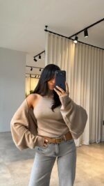 Женская Базовая Бежевая Кофта Болеро + Топ без Рукавов с Открытой Спиной