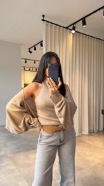 Женская Базовая Бежевая Кофта Болеро + Топ без Рукавов с Открытой Спиной