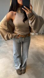 Женская Базовая Бежевая Кофта Болеро + Топ без Рукавов с Открытой Спиной