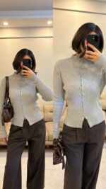 Женская Базовая Приталенная Серая Кофта в Рубчик на Пуговицах