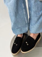 Женские Классические Замшевые Черные Туфли Лоферы с Декором