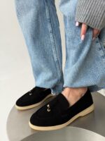 Женские Классические Замшевые Черные Туфли Лоферы с Декором