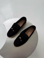 Женские Классические Замшевые Черные Туфли Лоферы с Декором