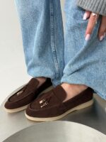 Женские Классические Замшевые Коричневые Туфли Лоферы с Декором